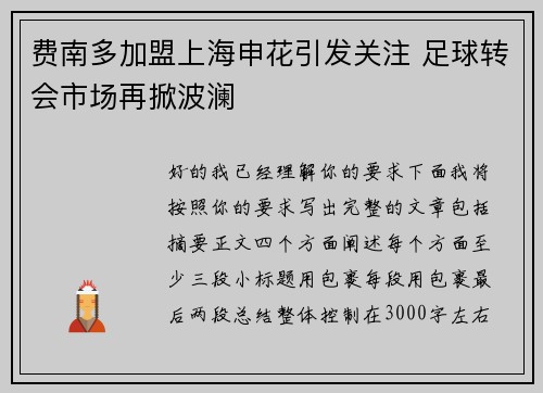 费南多加盟上海申花引发关注 足球转会市场再掀波澜
